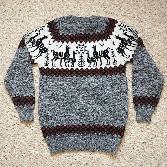 Ugly Sweater Women  Gray Reindeer Lama Fair Isle Hand Made Knit - Picture 6 of 9